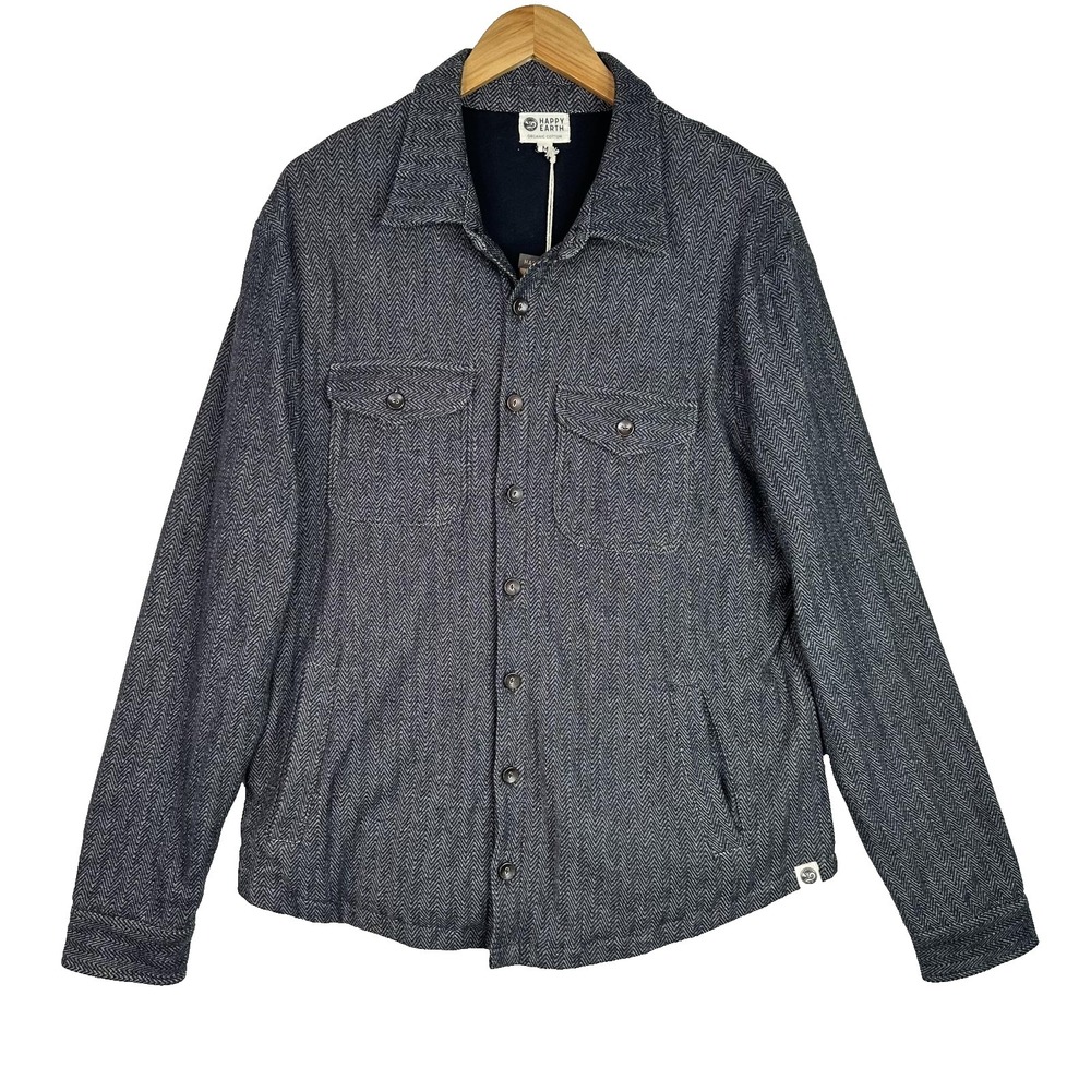 Happy Earth Jacket Mens M Gray Herringbone Shirt Jacket Organic Cotton Workwear